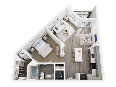 A top down view of a small apartment with a kitchen, living room, and bathroom.